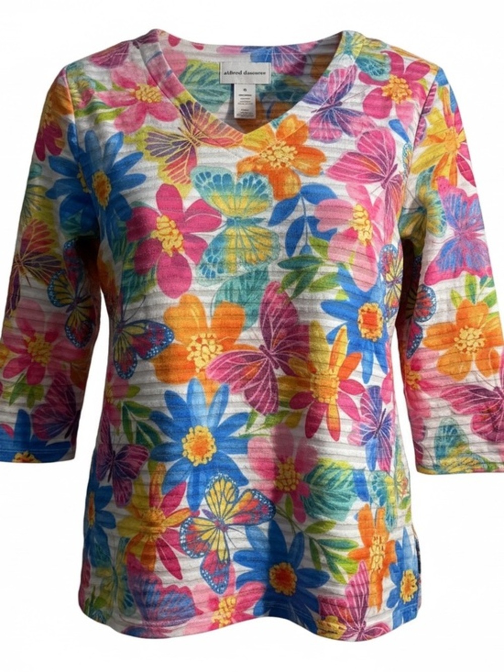 Alfred Dunner Multicolor Floral Butterfly V-Neck  Top